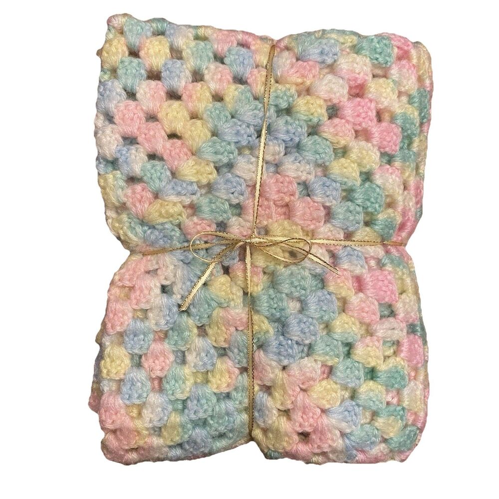 Handmade Crocheted Granny Square Baby Afghan Pastel Rainbow 31” x 31”
